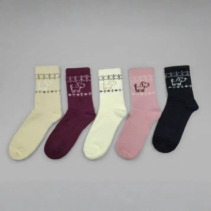 Cozy Rabbit Wool Style Dog Pattern Full-Length Winter Crew Socks (5Pairs)