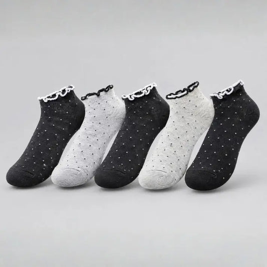 Women’s Cotton Ankle Socks with Frilled Lace Trim – 5Pairs – Chic Dotted Pattern (Black & Grey)