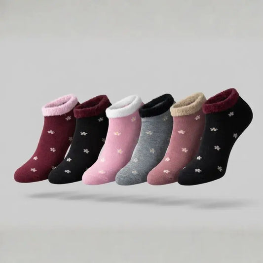 Flower Pattern Terry Towel Lined with Fleece Trim Ankle Socks – 6 Pairs –