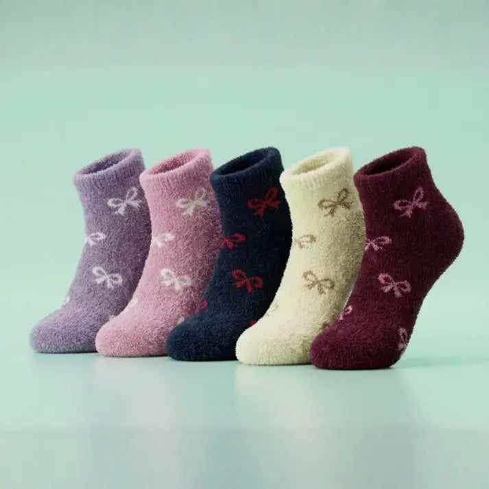 Super Soft Rabbit Wool Style Bow Pattern Winter Ankle Socks (5Pairs)