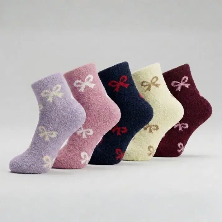 Super Soft Rabbit Wool Style Bow Pattern Winter Ankle Socks (5Pairs)