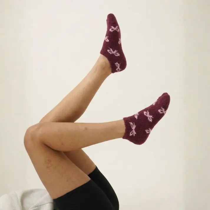 Super Soft Rabbit Wool Style Bow Pattern Winter Ankle Socks (5Pairs)