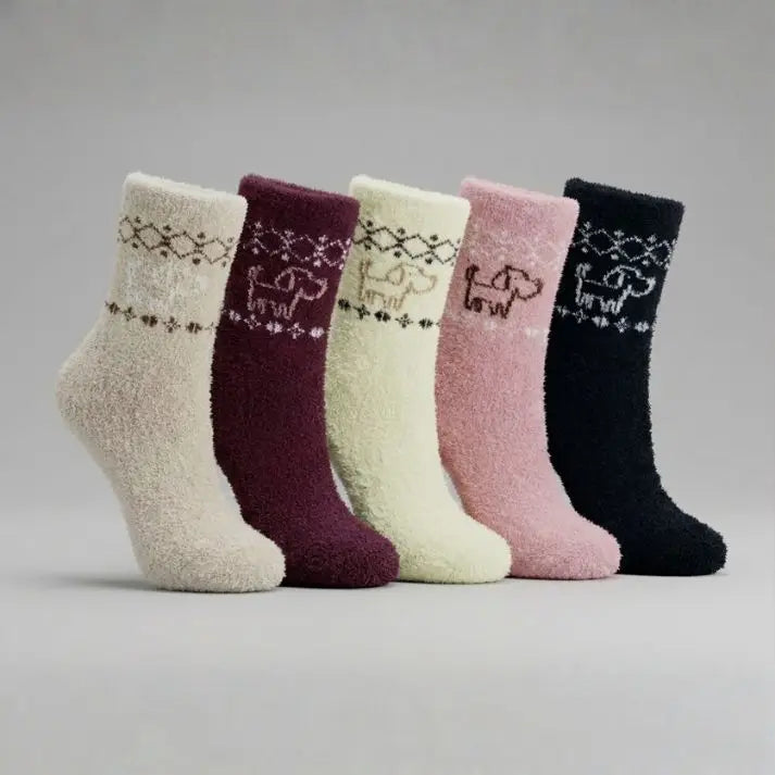 Cozy Rabbit Wool Style Dog Pattern Full-Length Winter Crew Socks (5Pairs)