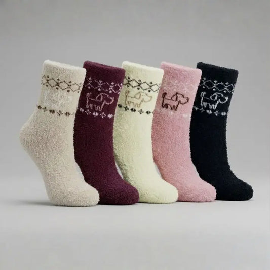 Cozy Rabbit Wool Style Dog Pattern Full-Length Winter Crew Socks (5Pairs)
