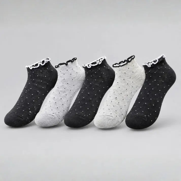 Women’s Cotton Ankle Socks with Frilled Lace Trim – 5Pairs – Chic Dotted Pattern (Black & Grey)