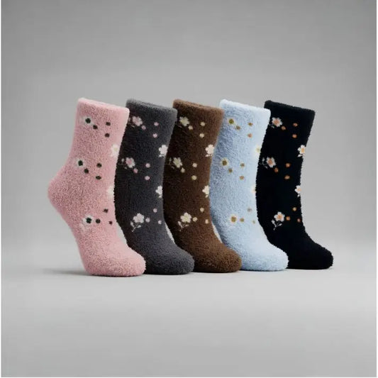 Cozy Rabbit Wool Style Floral Pattern Full-Length Winter Crew Socks (5Pairs)