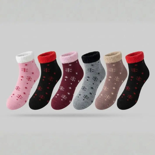 Winter Pattern Terry Towel Lined with Fleece Trim Ankle Socks – 6 Pairs –