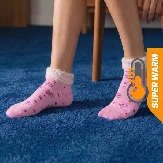 Winter Pattern Terry Towel Lined with Fleece Trim Ankle Socks – 6 Pairs –
