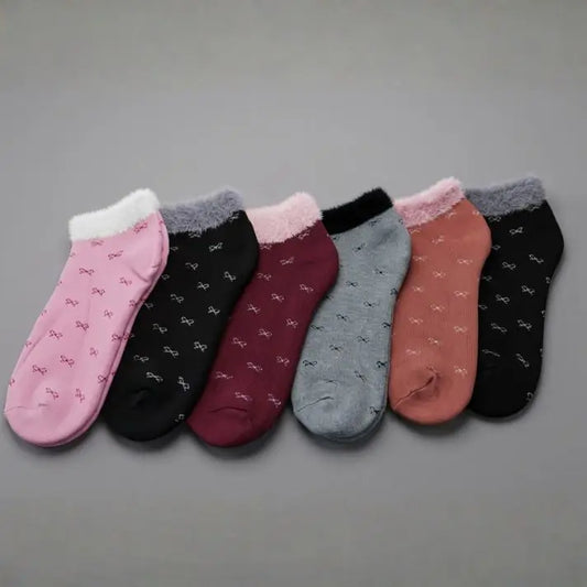 Tiny Bow Pattern Terry Towel Lined with Fleece Trim Ankle Socks – 6 Pairs –