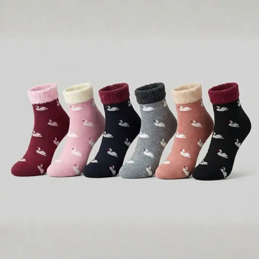 Duck Pattern Terry Towel Lined with Fleece Trim Ankle Socks – 6 Pairs –