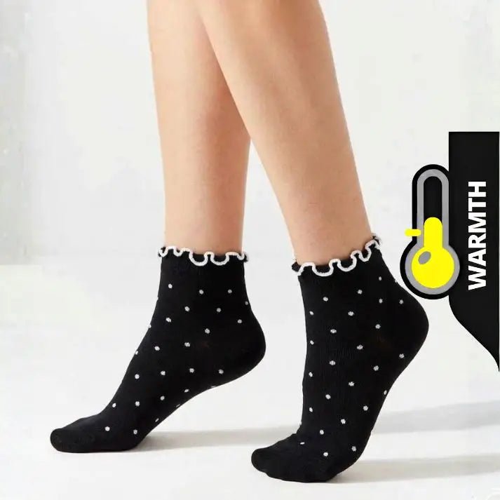 Women’s Cotton Ankle Socks with Frilled Lace Trim – 5Pairs – Chic Dotted Pattern (Black & Grey)