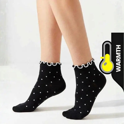 Women’s Cotton Ankle Socks with Frilled Lace Trim – 5Pairs – Chic Dotted Pattern (Black & Grey)