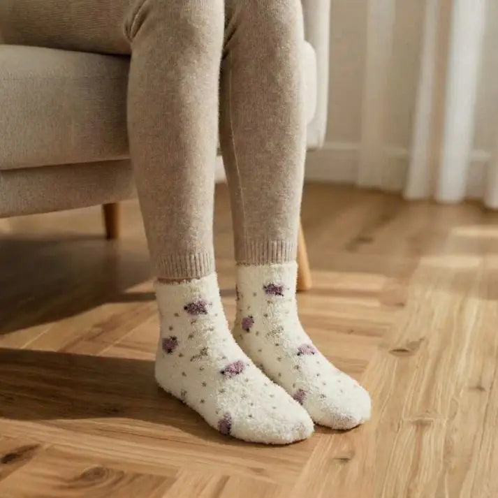 Super Soft Rabbit Wool Style Tiny Flower Pattern Winter Ankle Socks (5Pairs)