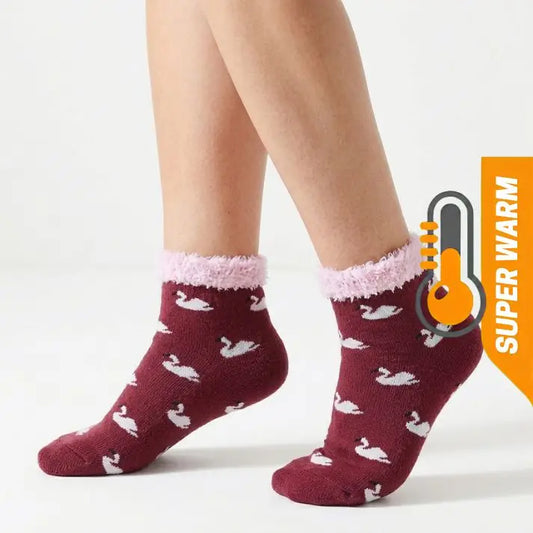 Duck Pattern Terry Towel Lined with Fleece Trim Ankle Socks – 6 Pairs –