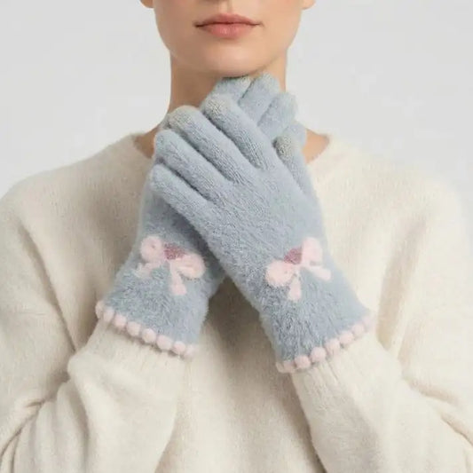 Grey Cute Bowknot Touchscreen Winter Gloves (1 Pair)